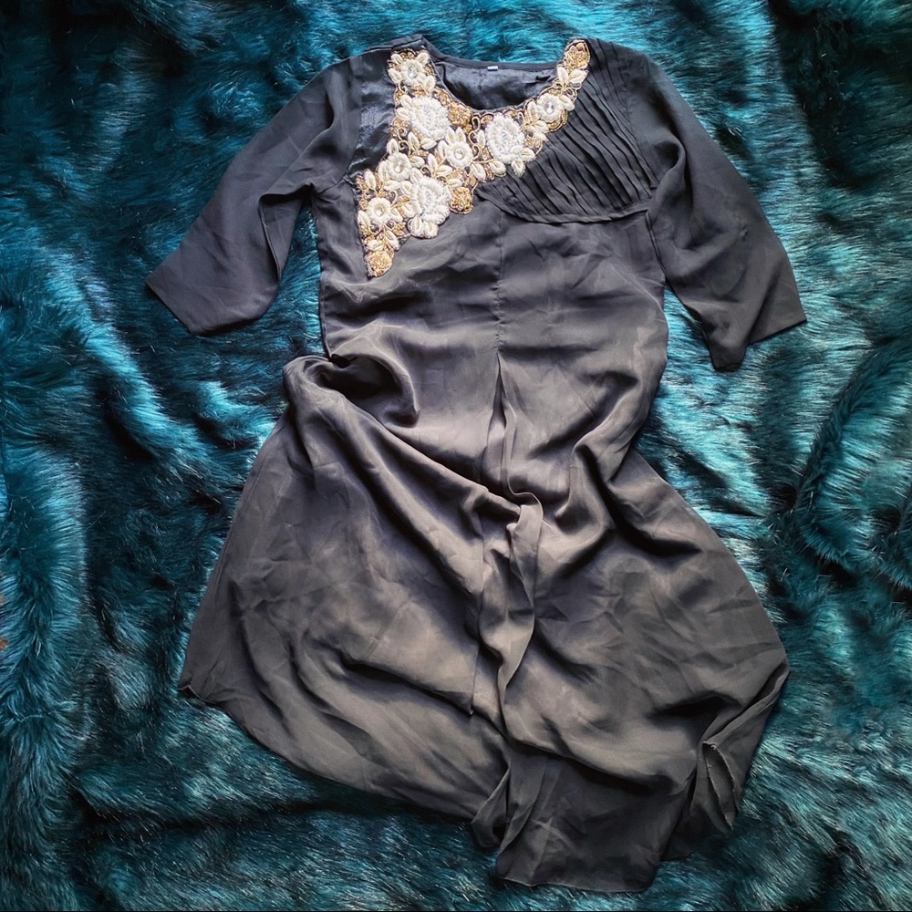 Black Dress With Gold, Silver, Cream Flower Detail